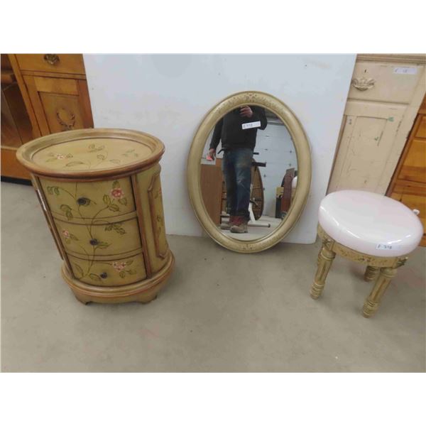 3 Hand Painted Items : Oval Mirror 33'' x 24'' , Stand 3 