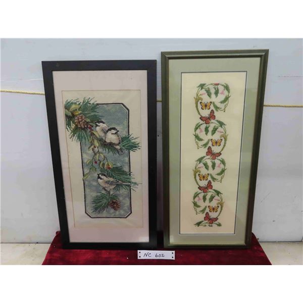2 Vintage Framed Cross Stitch : Chick a Dees 11 1/2'' x