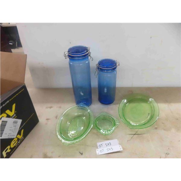 2 Blue Glass Canisters, 2 Green Depression Glass Dishes,