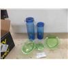 Image 1 : 2 Blue Glass Canisters, 2 Green Depression Glass Dishes,