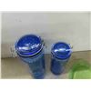 Image 3 : 2 Blue Glass Canisters, 2 Green Depression Glass Dishes,