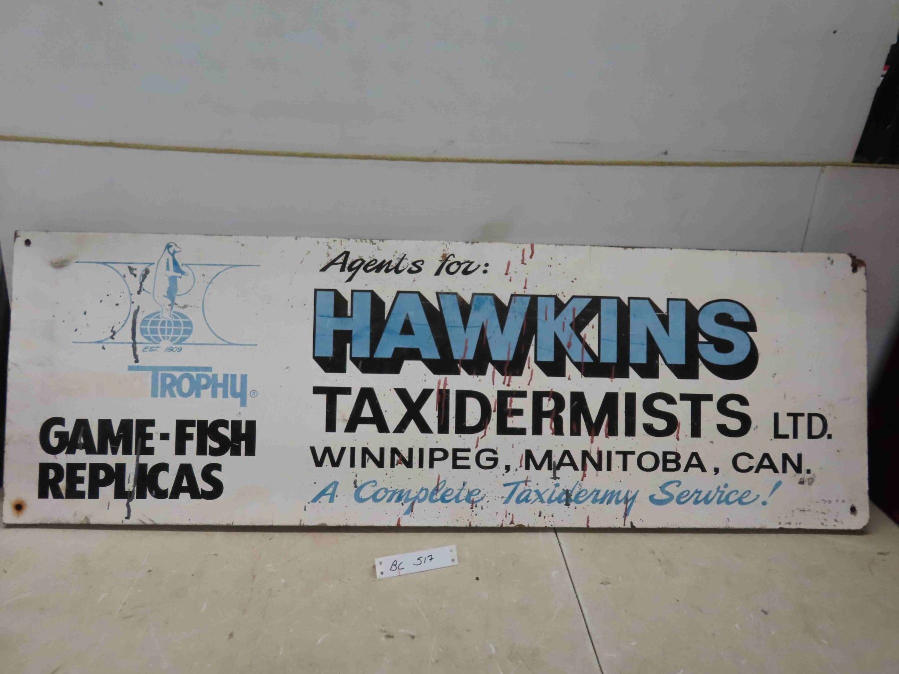 Hand Painted Wooden Hawkins Taxidermy Sign 48'' x 16''
