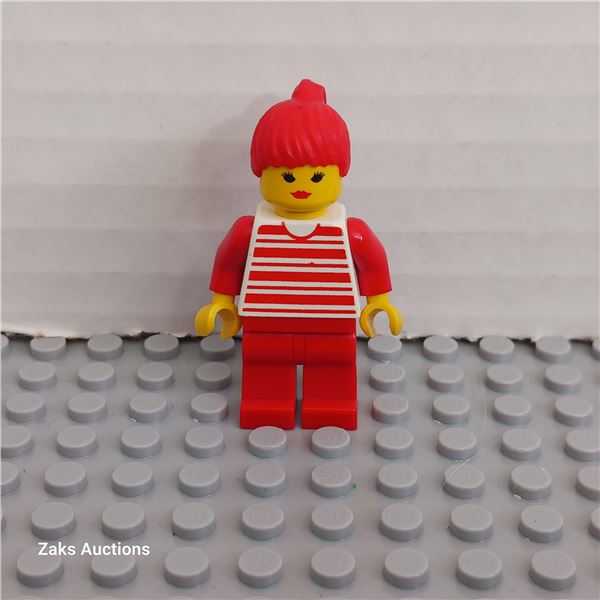 Horizontal Lines Red - White Arms - Red Legs, Red Ponytail Hair Minifigure