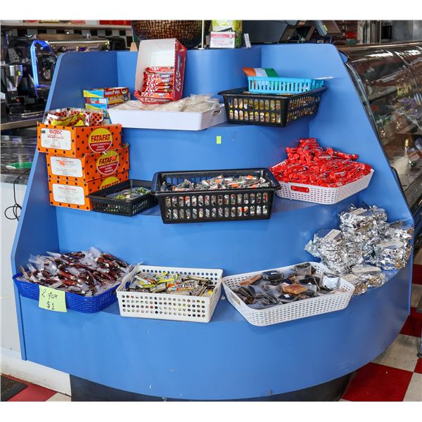 CONTENTS OF CORNER SHELF, INCL, CHOCOLATE BARS