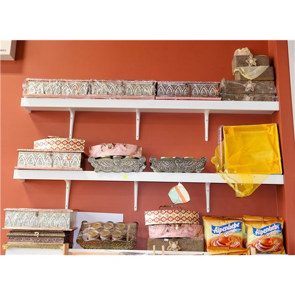3 SHELVES OF ASSORTED SORTAGE BOXES & MORE