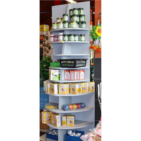 WOOD DISPLAY SHELF W/ CONTENTS, INCL, CANDY, SUGAR