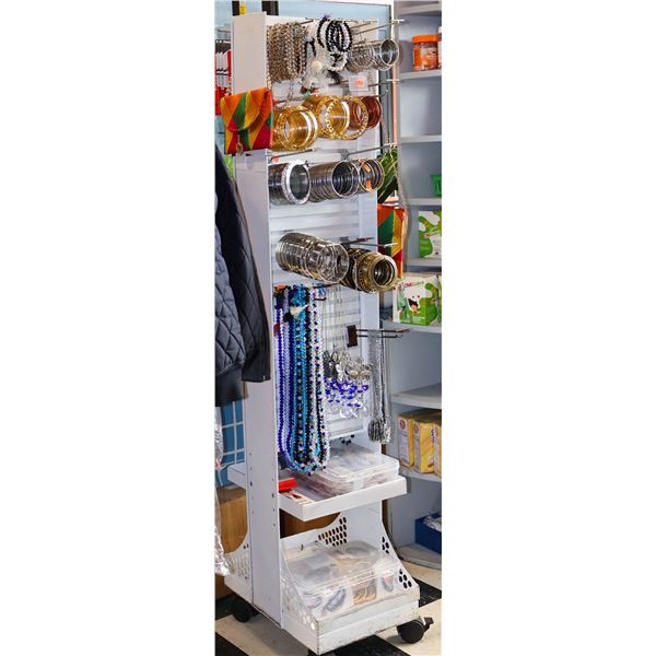 JEWELERY DISPLAY RACK W/ JEWELRY, CAR CHARGERS ETC