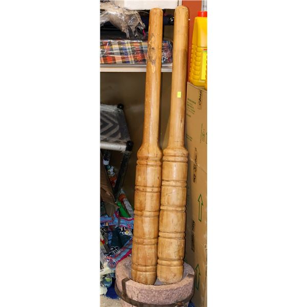 STONE MORTAR W/ 2 LARGE WOODEN PESTLES