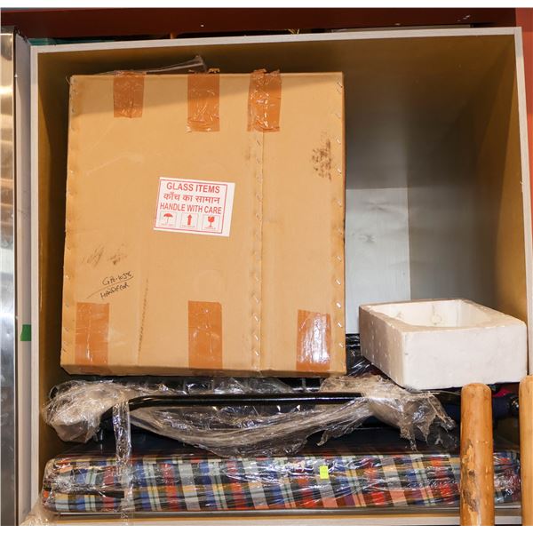 LOT OF ASSORTED COTS, BROOMS & MORE