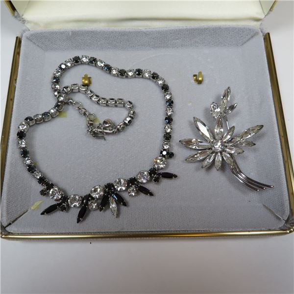 SHERMAN necklace & brooch.  Necklace has clear and black stones.  Brooch is all clear stones