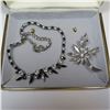 Image 1 : SHERMAN necklace & brooch.  Necklace has clear and black stones.  Brooch is all clear stones