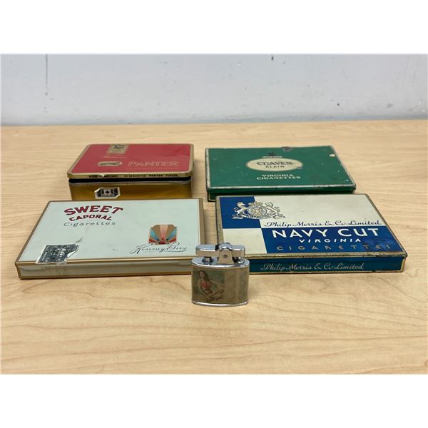 4 Vintage Cigarette Tins & Pin Up Lighter - see photos