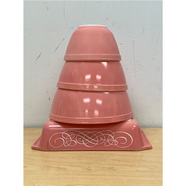 Lot of Pink Pyrex - They show some use - largest 2.5 Qt. see all photos
