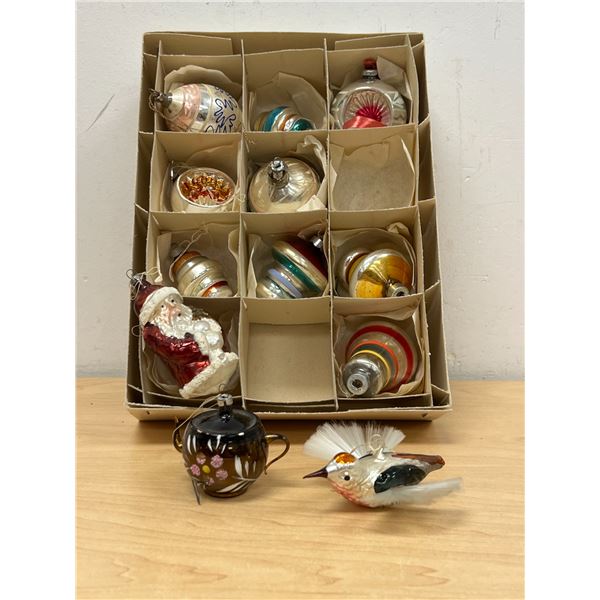 Box of Vintage Blown Glass Christmas Ornaments with Teapot / Bird - see all photos