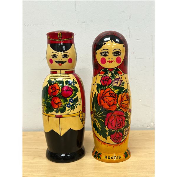 2 Wooden Painted Tall Matryoshka Dolls - Bottle Holders? 10.25"