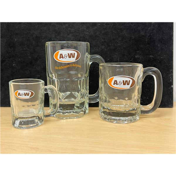 3 Heavy Thick Glass A&W Root Beer Mugs tallest 6"