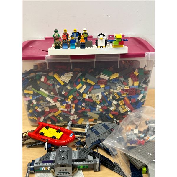 Lego pieces and figures - fairly large bin at 19x13" & 12"T - see all photos