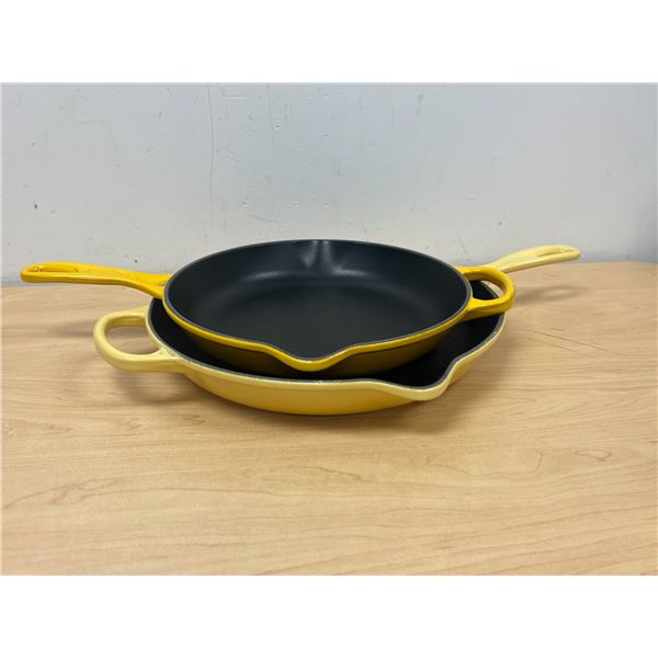 2 Le Creuset (France) Enamelled Cast Iron Skillets 10 1/4 & 11 3/4"- some use, see all photos