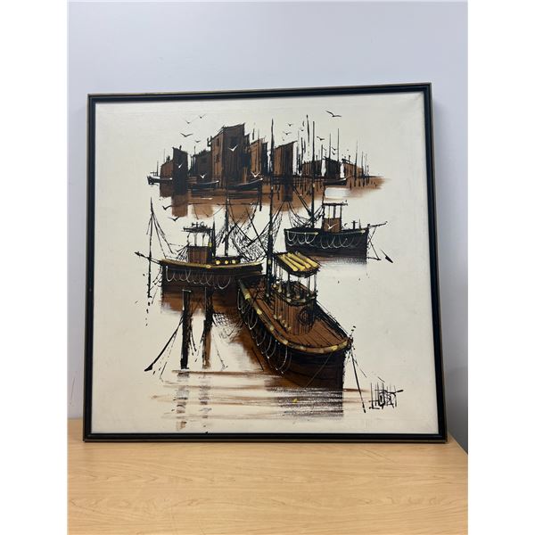 signed Original On Canvass Boat Nautical Scene - Large Approx: 37x37"