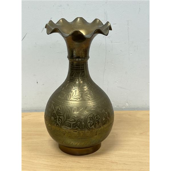 Large Etched Brass Ruffled Top Vase - Approx: 11.5"T