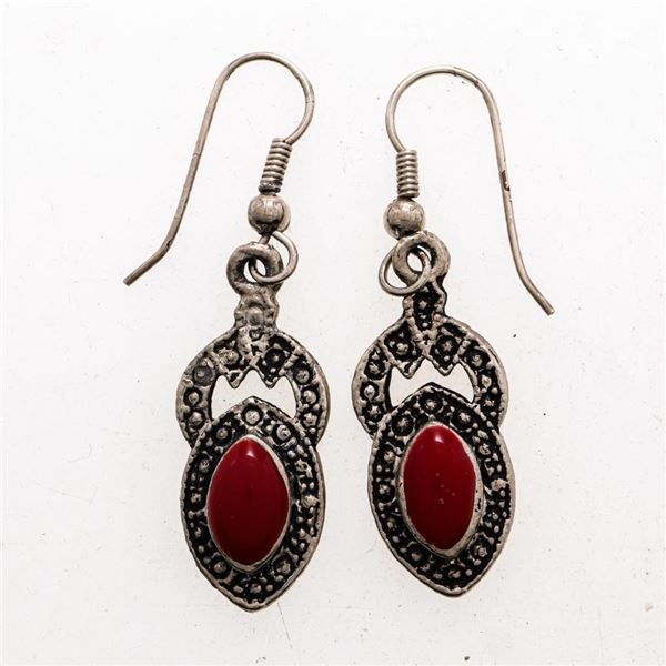 Vintage 2 Tier 925 Sterling Silver Earrings Red Gemstone
