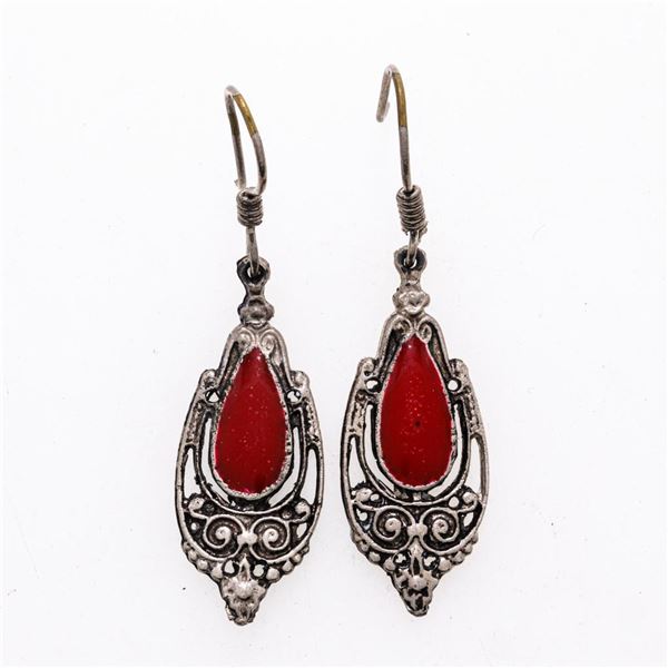 925 Sterling Silver Vintage Drop Earrings/Red Gemstone