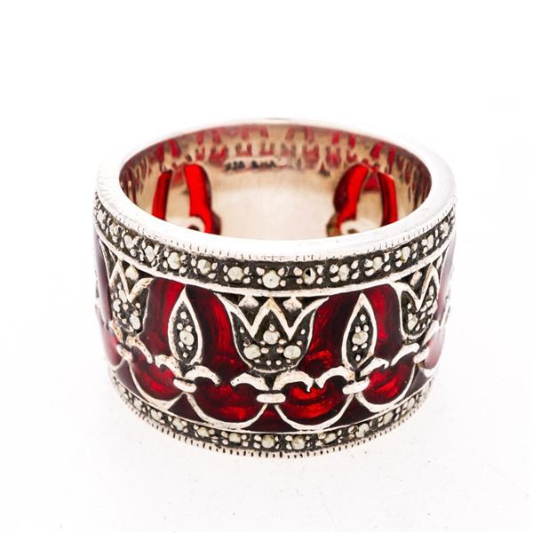 Custom Vintage 925 Sterling Silver Ring - Wide Band Red Insert