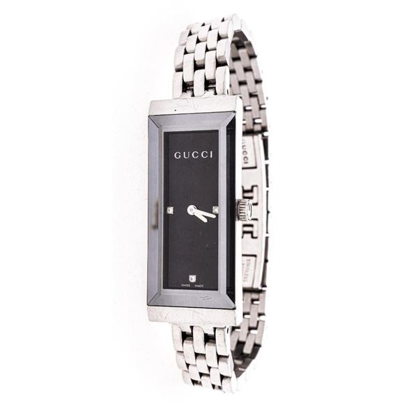 Pre Owned - "GUCCI" Lady's Silver Qtz. Watch, Oblong Black Dial 3 Diamonds
