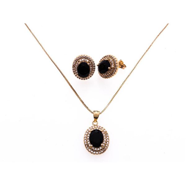 18kt BGO Lady Diani Style Oval Gemstone w/ Double Halo Earrings & Necklace Set.