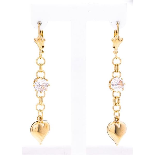 18kt BGO Drop Puffed Heart Earrings w/ Soliatire CZ