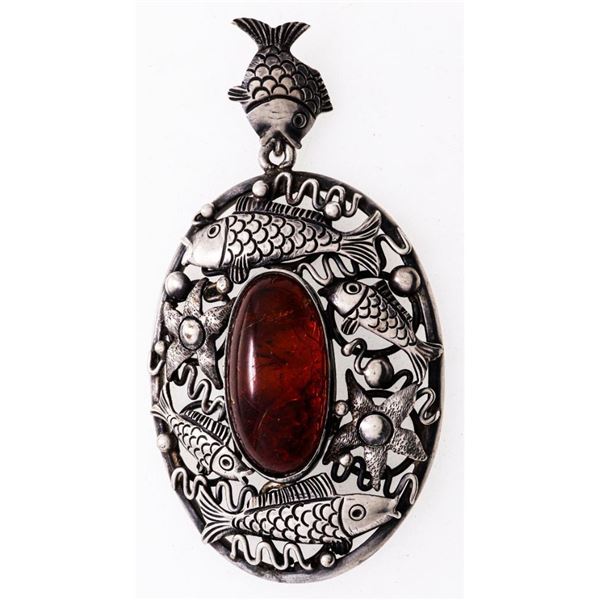 Hand Made Sterling Silver Pendant, Fish Design & Oval Amber