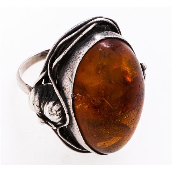Vintage Sterling Silver Ring, Amber Bezel Set Size 8.5