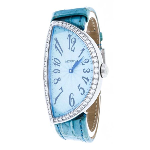 "MOVADO Half Moon Style Quartz Watch, Factory Blue Leather Strap, Diamond Set Bezel, 51 Diamonds = 1