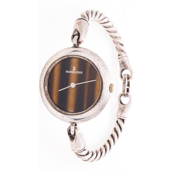 Rare Lady's "RICHARDS- ZEGER) Bangle Style Watch -Tiger Eye Dial - Sterling Silver