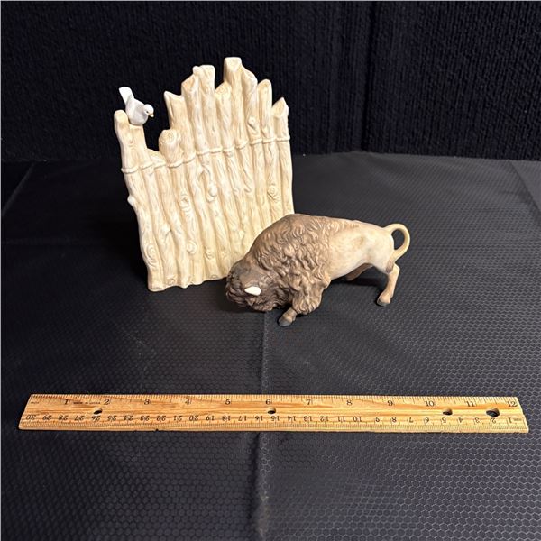 PORCELAIN BUFFALO WITH PORCELAIN FENCE