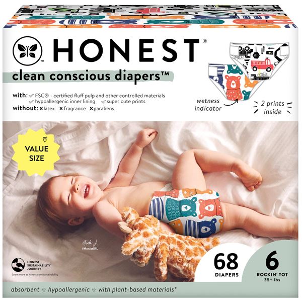 NEW 68 DIAPERS HONEST SIZE 6