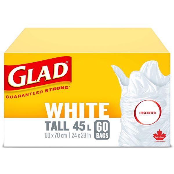NEW 60 BAGS 45L GLAD WHITE TALL