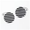NEW Men's Round 14K White Gold Black Onyx Ribbed Circle Disc Swivel Cuff Links