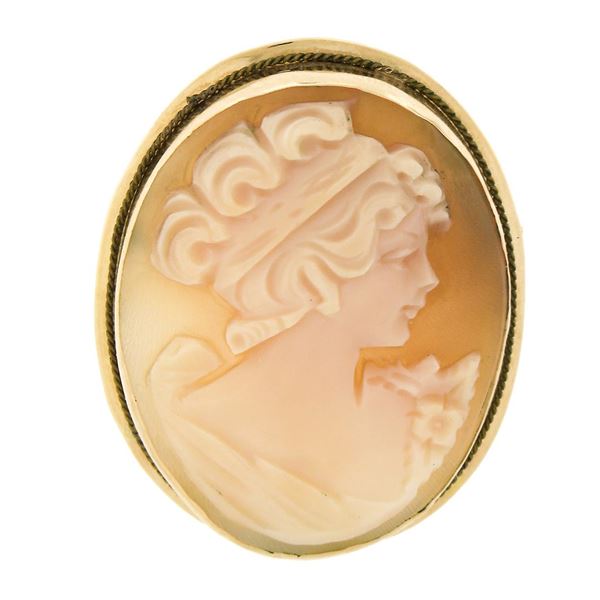 Vintage 14k Gold Large Detailed Oval Carved Shell Cameo Brooch Pin Pendant