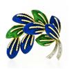 Vintage Italian 18K TT Gold Green Blue Enamel & Diamond Textured Leaf Brooch Pin
