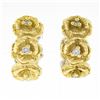 Vintage 18K TT Gold Diamond Textured Rose Flower Reversible Hoop Huggie Earrings