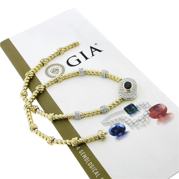 18K TT Gold 3.30 ctw GIA Bezel Oval Sapphire & Pave Diamond Cable Link Necklace