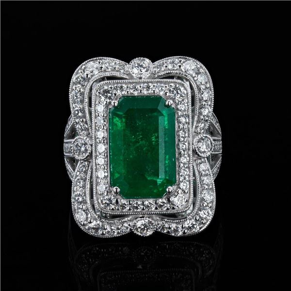 5.37 ctw Emerald and 1.52 ctw Diamond Platinum Ring (GIA CERTIFIED)