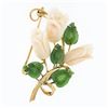 Vintage 18k Gold Carved Angel Skin Coral Rose Flowers w/ Jade Leaves Brooch Pin