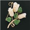 Image 2 : Vintage 18k Gold Carved Angel Skin Coral Rose Flowers w/ Jade Leaves Brooch Pin