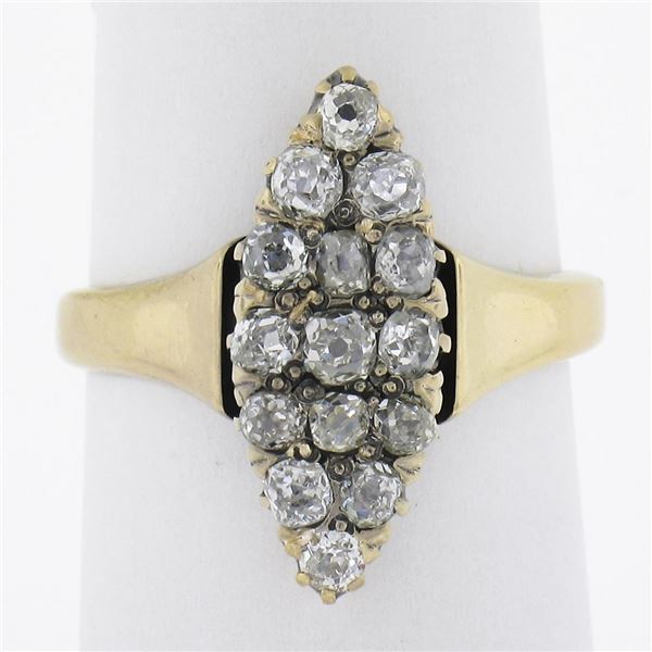 Antique Victorian Gold 1.6 ctw Old Mine Cut Diamond Navette Marquise Cocktail Ri