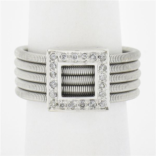 14k White Gold 0.26 ctw Pave Diamond Square 5 Row Snake Link Wide Cigar Band Rin
