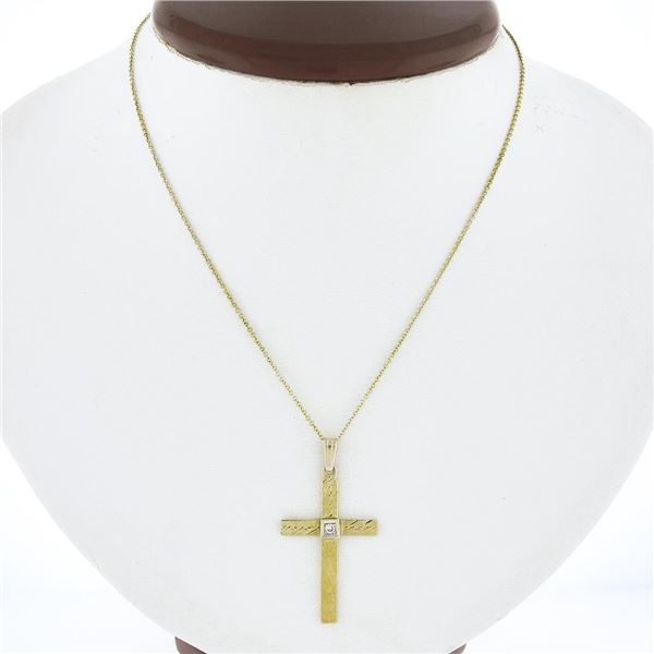 Vintage 14K Yellow Gold Pave Diamond Hand Engraved Square Cross Pendant w/ Chain