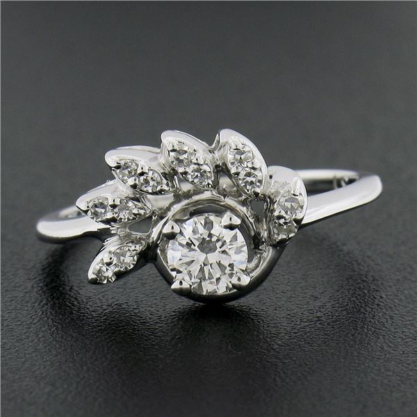 Vintage Solid 14k White Gold 0.45 ctw Round Solitaire Diamond w/ Flame Ring