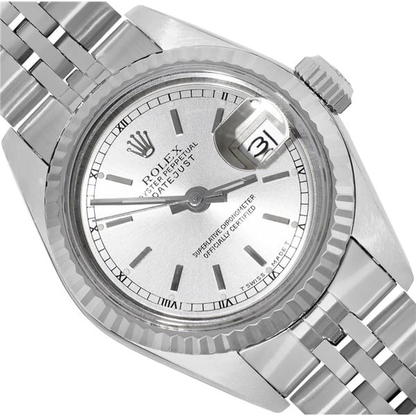 Rolex Ladies Stainless Steel Quickset Silver Index Fluted Bezel Datejust With Ro